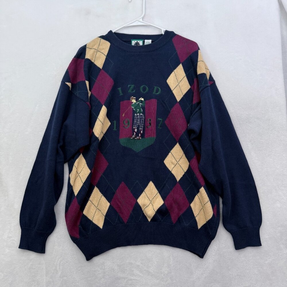 Vintage IZOD Sweater Mens L Blue Argyle Golf Player embroidered Pullover